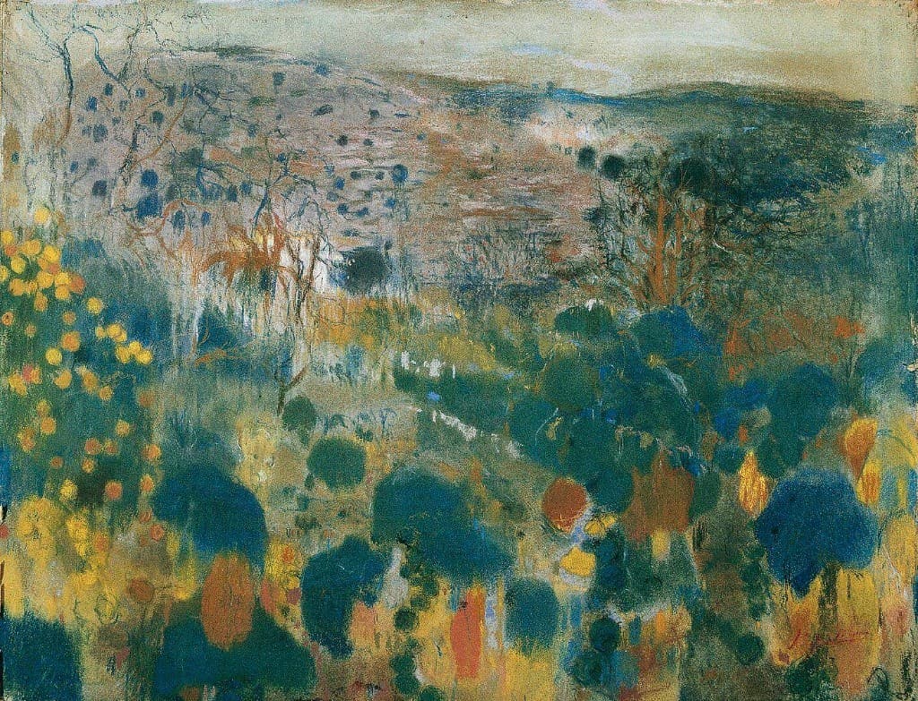 Zacht landschap met gele bloemen, blauwe struiken en een heuvel in de verte